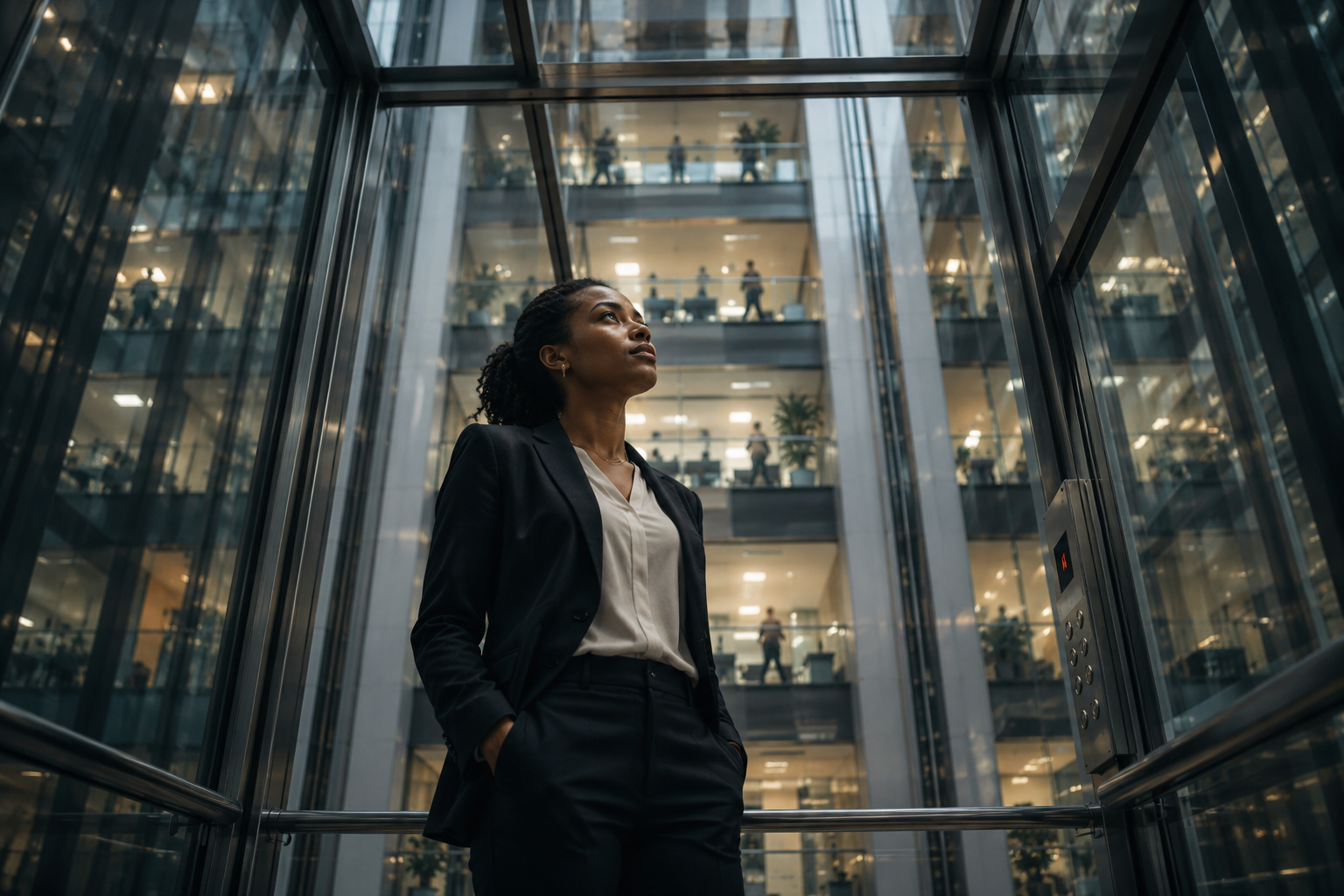 A mid-career professional standing in a glass-walled corporate building, looking upward with quiet determination